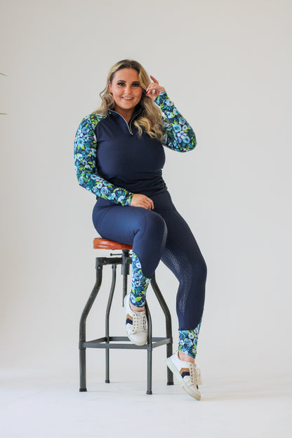 Full Seat Blue Peony Riding Leggings- Navy