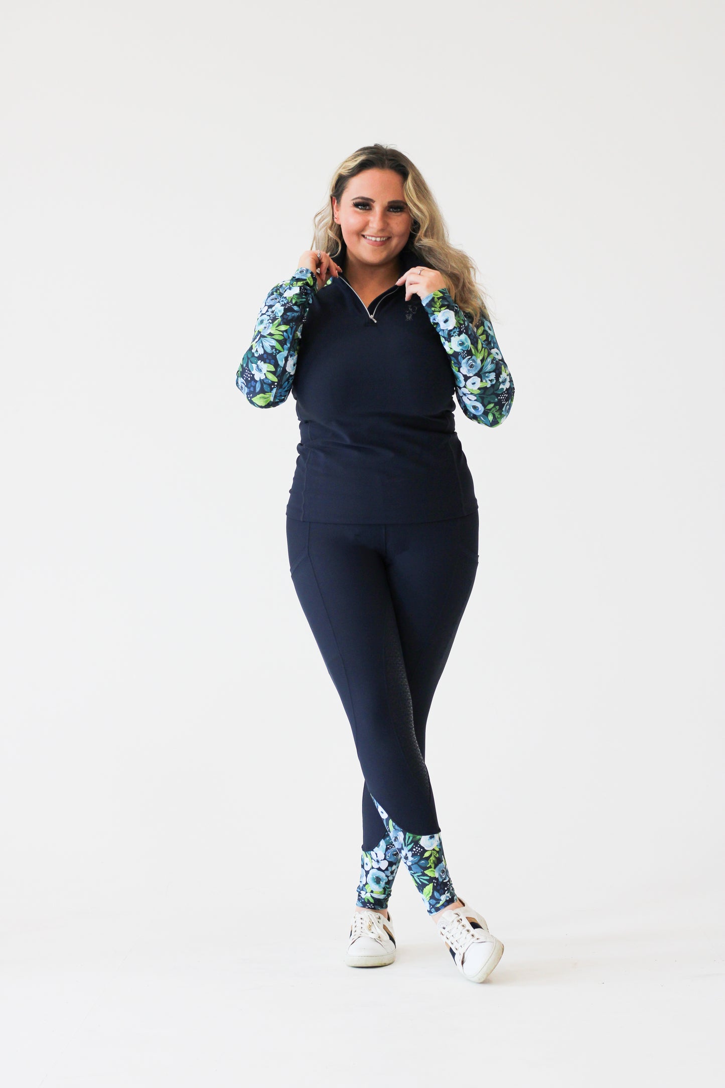 Full Seat Blue Peony Riding Leggings- Navy