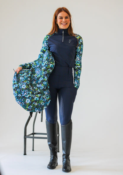 Full Seat Blue Peony Riding Leggings- Navy