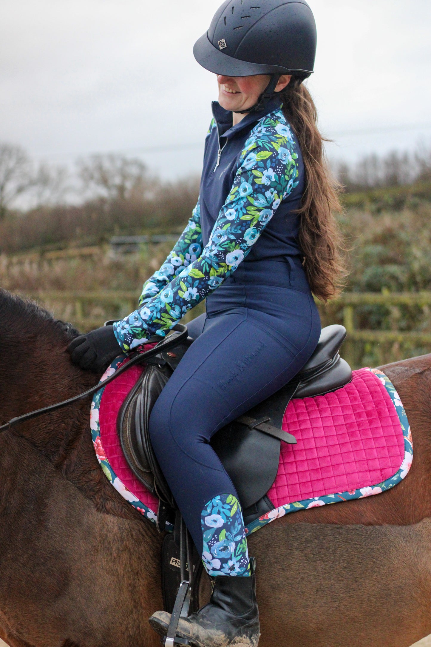 Full Seat Blue Peony Riding Leggings- Navy