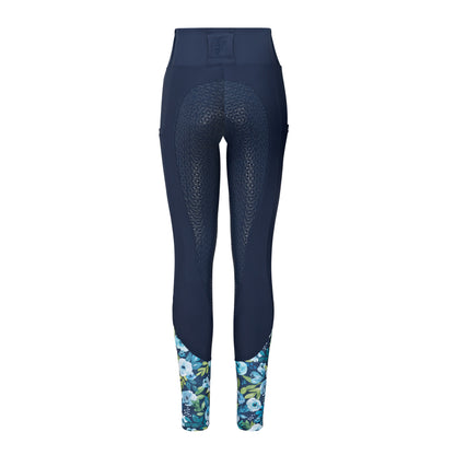 Full Seat Blue Peony Riding Leggings- Navy