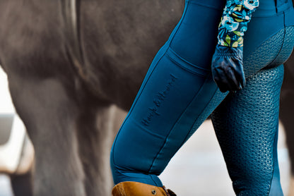 Full Seat Blue Peony Riding Leggings- Navy